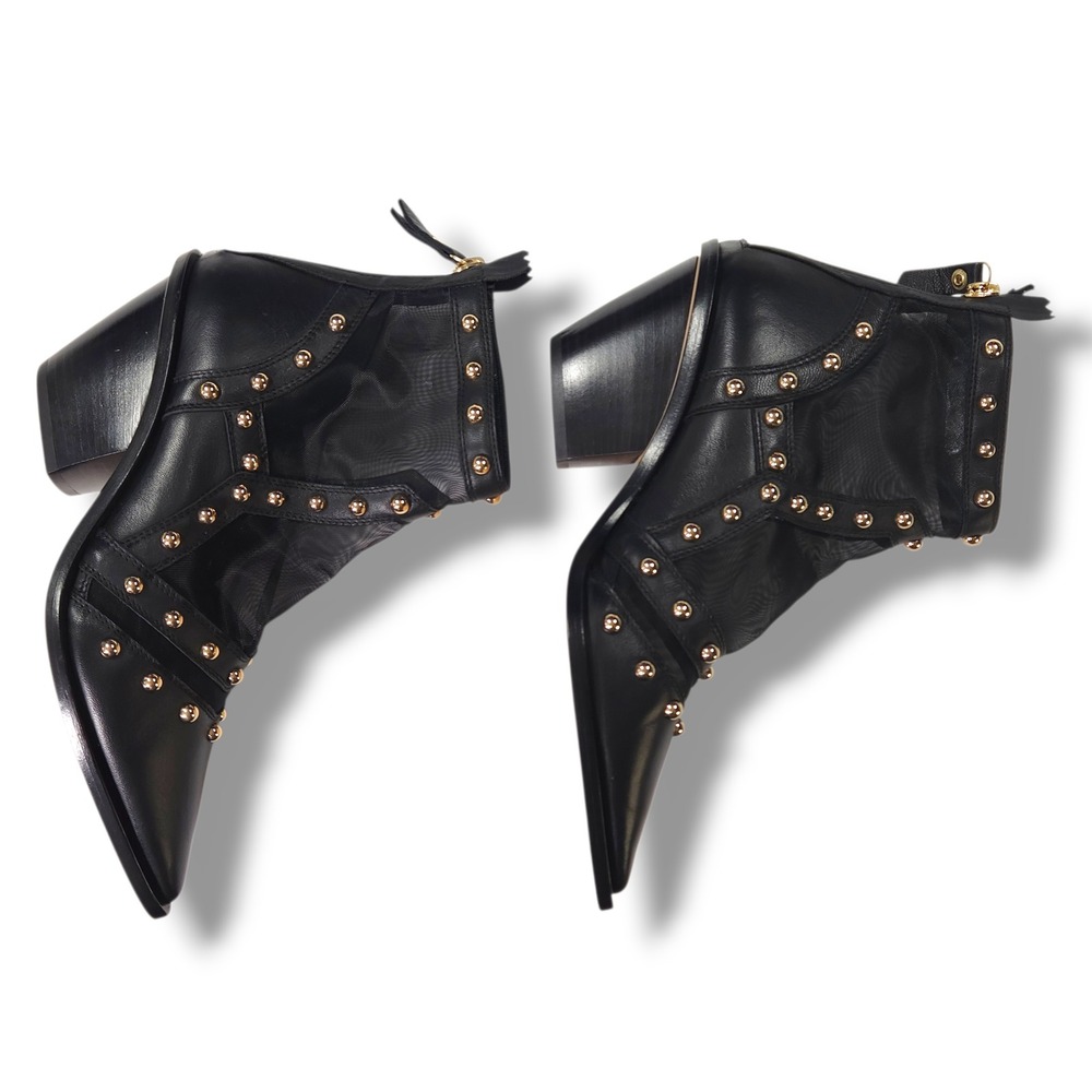 AGL Studded Mesh Ankle Boots Pointed Toe Block Heel Black Leather Bootie 37 6.5 - Picture 5 of 11